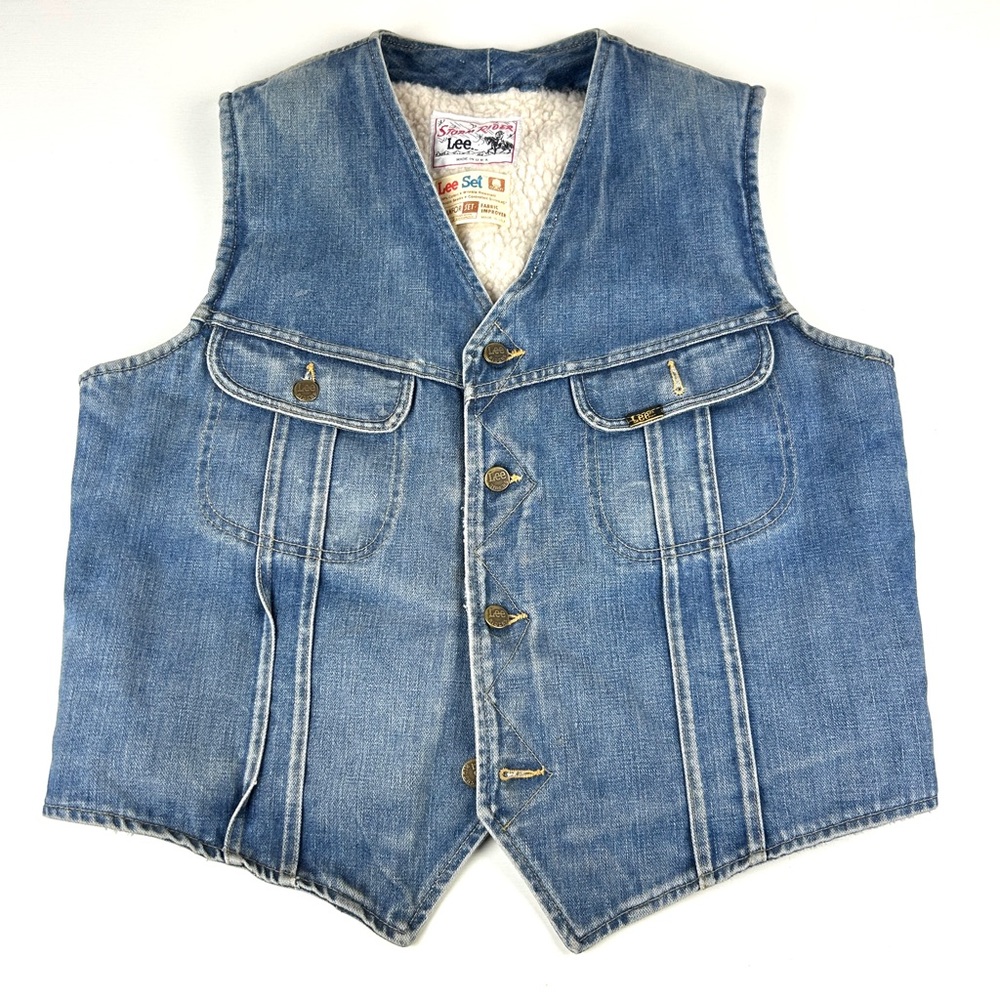 Vintage Lee Storm Rider Blue Denim Vest Sherpa Lined Sz Small 70s Rockabilly USA
